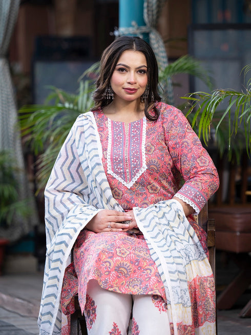 Women Plus Size Peach Pure Cotton Kurta Set With Dupatta